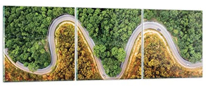 Wandbilder Dekoration Wohnzimmer Luftaufnahmen Weg Wald Mehrteilige Bilder auf Glas 150x50cm Glasbild Schlafzimmer Küche Set 3 teilige Wand Kunstdruck Art Groß XXL Wanddeko Modern GCA150x50-4659