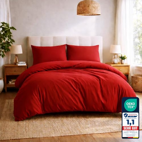 Komfortec Premium Bettwäsche 200x200 mit 2 Kissenbezug 40x80 cm Set aus Gebürstetes Mikrofaser - Rot