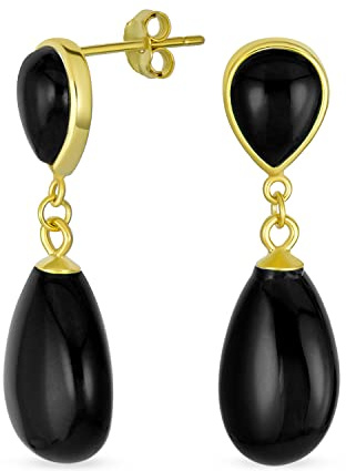 Zarte Doppelte Tropfen-Ohrringe: Echte Schwarze Onyx- und Grüne Jade-Anhänger im Klassischen Einfachen Design für Frauen 14K Gelbgold-Überzug auf .925 Sterlingsilber