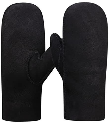 Harssidanzar Winter Fäustlinge Damen,Warme echte Wildleder Lammfell Shearling Fäustlinge Handschuhe KL026EU,Schwarz,Größe M