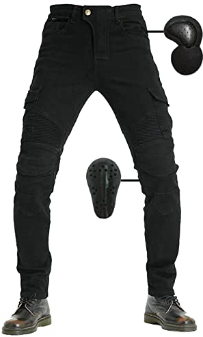 Herren Slim Fit Motorrad Jeans Mit Protektoren Knie Und Hüftprotektoren Stretch Slim Fit Denim Motorradhose Anti-Fall Straight (Black,6XL)