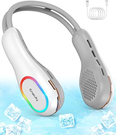 ENPULY Ventilateur de Cou Portable, Ventilateur Tour de Cou avec 80cm de Câble, Neck Fan USB, Nouveau Ventilateur Autour de Coup 3 Vitesses & 4 Lumières, Blanc