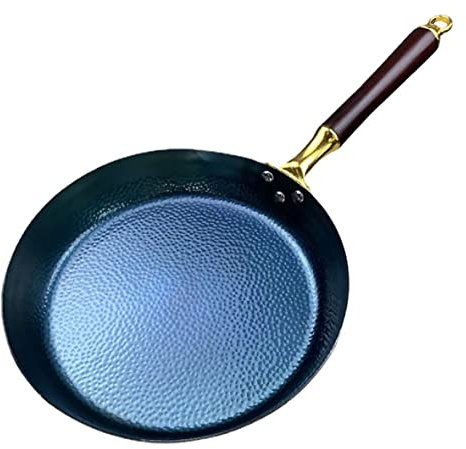 Padella, pentola in ferro forgiato fatto a mano, padelle, padella, wok a fondo piatto, pentole antiaderenti non rivestite, con manico in legno anti-scottatura (28 cm)