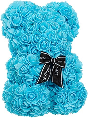 Brandsseller Rosenbär aus Kunstrosen 35x26 cm – handgefertigter Teddybär aus Seidenblumen als Romantisches Geschenk zu Geburtstag, Valentinstag oder Muttertag – auch mit Geschenkbox – Blau