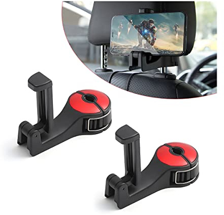 CGEAMDY 2PCS Car Headrest Hidden Hook, 2 in 1 Multifunctional Car Seat Back Hanger Storage Hook with Phone Holder, Automotive 360° Rotation Headrest Purse Handbag Holder Universal (Red)