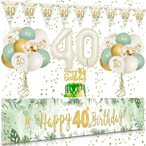40 Geburtstag Deko, VICTERR Grün Gold Deko 40. Geburtstag Frauen und Männer Deko Set, Lange Größe Happy 40th Birthday Banner Hintergrund 274×37cm, Girlande Wimpel Konfetti Luftballons