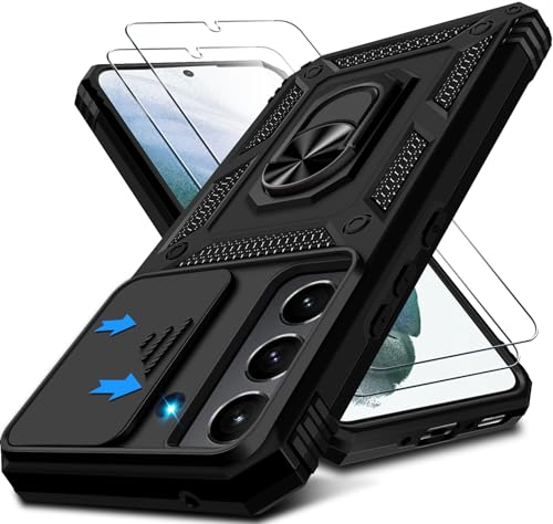 Croazhi Kameraschutz Handyhülle für Samsung Galaxy S21 5G Hülle mit Displayschutz*2 pcs, 360 Grad Metall Ring Halter Militär Standard Stoßfest Schutzhülle für Samsung S21 Handytasche Case (Schwarz)