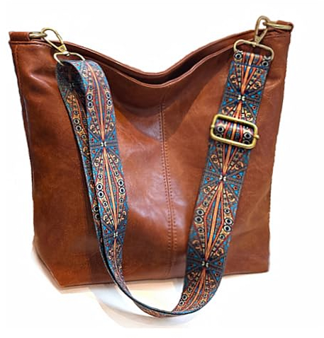 Huwzder Hobo Bags Umhängetasche aus veganem Leder, Gitarrengurt, Schultertaschen mit Reißverschluss, Handtaschen für Damen, Braun, Umhängetasche