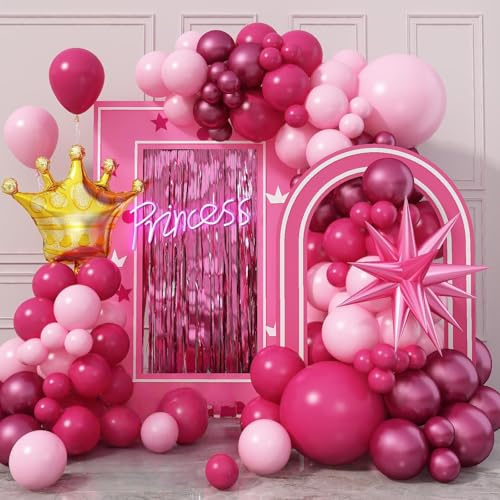 Luftballon Girlande Rosa, Hellrosa Fuchsia Pink Ballon Girlande, Pastell Rosa und Braun Latex Partyballons mit Krone Explosion Stern Folienballon für Mädchen Frauen Geburtstag Prinzessin Party Deko