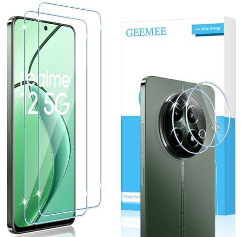 GEEMEE 2+2 Piezas Protector de Pantalla para Realme 12 5G/Realme 12x 5G, Cristal Templado y Protector de Lente de Cámara, 9H Dureza HD Anti-Arañazos Sin Burbujas Vidrio Templado Screen Protector