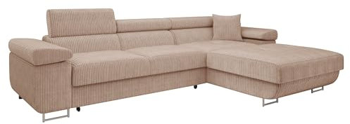 Mirjan24 Ecksofa Torezio Mini Cord mit Bettkasten, Einstellbare Kopfstützen, Bequeme Polsterung, Eckcouch mit Schlaffunktion für Wohnzimmer, L-Form Couch (Poso 52, Seite: Rechts)