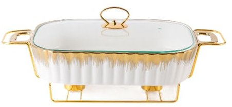 Folpus Casserole Tray Buffet Dish Tray with Stand Easily to Clean Food Tray Chafing Dish Ceramic Chafer for Picnic Holidays Parties, White