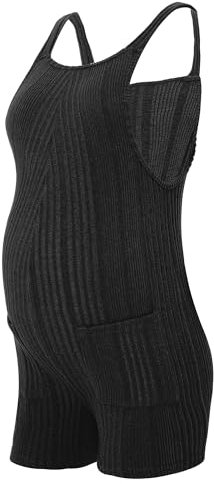 Nyeemya Salopette de maternité d'été pour femmes enceintes, short sans manches en tricot côtelé, combinaisons de grossesse extensible, barboteuse de maternité avec poches Noir XL