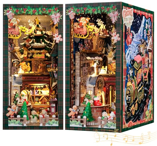 CUTEBEE Kit maison de poupée, avec coin livre et éclairage LED, maison miniature à faire soi-même, serre-livres en bois, maquettes pour adultes, à construire pour Noël (boutique de souhaits de Noël)