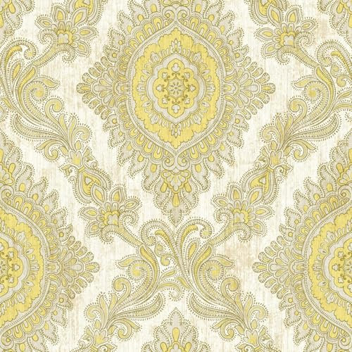Villa Rosa Damask Yellow Wallpaper - Floral Botanical Flower Design - Acrylic Coated Classic Feature Wall