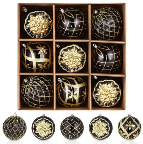 FAOKZE 9er Weihnachtskugeln Set,glitzernd Christbaumkugel,Weihnachtsbaum bruchsichere Ornamente,Kunststoff Christbaumkugeln Weihnachtsdeko für Weihnachtsdekoration,Gold Schwarz,∅ 10 cm