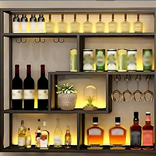 ICEMOB Profesional Botellero Vino,Botellero Pared Metal con Luz LED,Vinotecas para Cocina,Comedor,Hogar,Multifunción Exhibidor De Vidrio/Almacenar Botellas,Negro,180CM