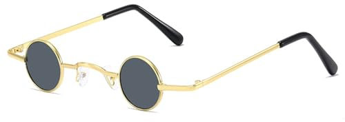 Maxtonser Runde Hippie-Brille, klein, rund, Vintage-Stil, Metallrahmen, goldfarbener Rahmen, grauer Film