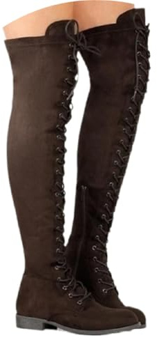 Agiyenna Stivali Punk Gotico da Donna Sopra il Ginocchio Stivali Stringati Retrò Stivali Lunghi con Tacco Basso Stivali Alti Al Ginocchio Elasticizzati Stivali Piatti Casual Caldi Invernali da Esterno