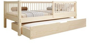 TIMBEE - Alfi Duo - Kinderbett 90x200 mit Schublade - Doppelbett Holz Unlackiert - Bett für Kinder mit Lattenrost und Rausfallschutz Abnehmbar - Belastbar bis 100 kg - aus Kiefernholz Klasse 1