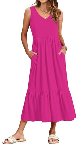 WNEEDU Vestito Lungo Senza Maniche Donna Estivo con Scollo a V Abito Casual con Tasche Spiaggia Copricostume Rosa Rossa S