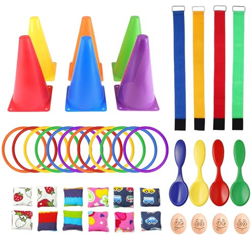 Waylipun Outdoor Games Kit for Kids, Sports Day Kit, Egg and Spoon Race, Bean Bag Toss Game, 3 Legged Race, Indoor Throwing Games Outdoor Garden Games for Age 5 6 7 8 + Years Old Girls Boys