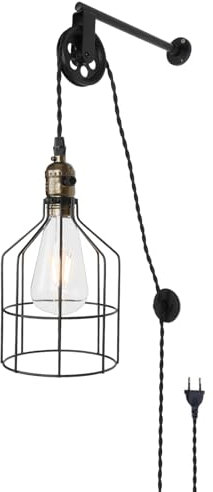 Alpinaluz Applique murale avec câble, prise et interrupteur, design vintage industriel avec cage et poulie hauteur réglable, E27 métal noir