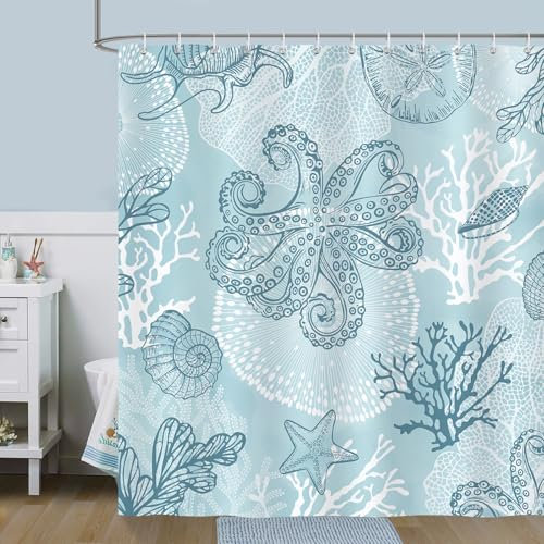 Bonhause Rideau de Douche Pieuvre Corail Côte Nautique Océan Rideau de Bain Tissu Polyester Anti Moisissure Imperméable Lavable Rideaux Salle de Bain 180 x 180 cm avec 12 Crochets Baignoire