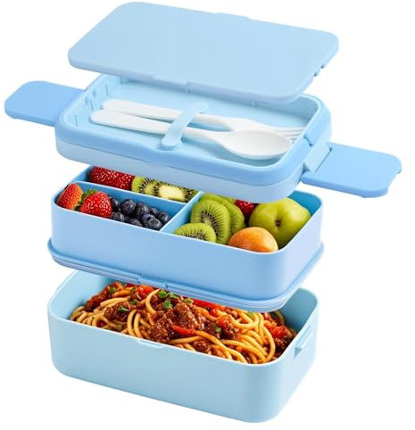 SGAONSN Bento Lunch Box 1960ML,2 in 1 Stackable Bento Boxes,2 Layer 4 Compartments Leak Proof Lunchbox for Adults Kids,Snack Box with Compartments for School Office Camping