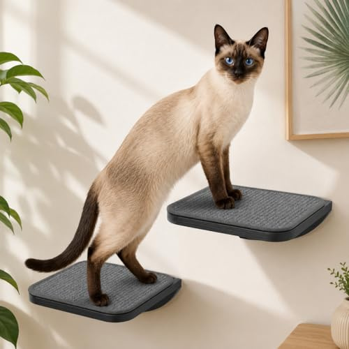 2PC Cat Stairs with Scratching Mat,Wall Mounted Cat Steps, Wooden Climbing Shelves for Cats, Cats Stairway Ladder Furniture for Perch Platform Supplies