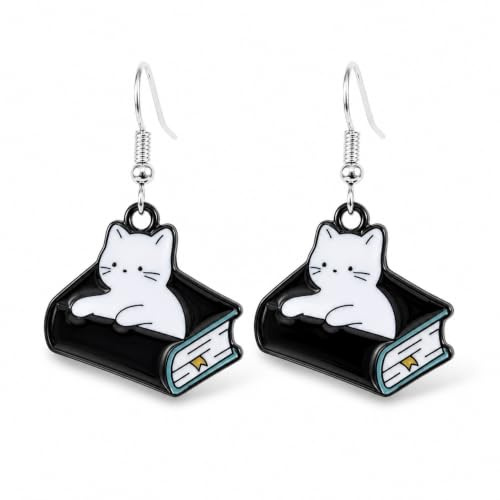 YIQPKUM Verspielt Emaille Bücher Katze Ohrringe Stecker Damen Tier Liebhaber Niedlich Cartoon Schmuck Anhänger Geschenk