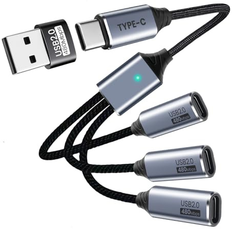 Seminer Divisor USB C de 3 puertos con adaptador USB para transferencia de datos, divisor USB-C para carga, cable macho a multi tipo C hembra compatible con smartphone, PC, unidad flash, teclado