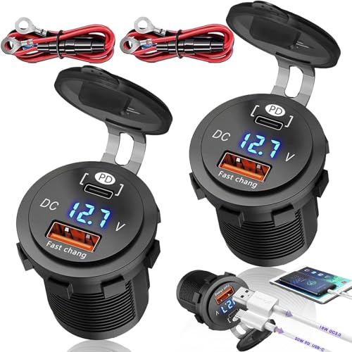 Benaton 2 Pièces Allume Cigare USB c, 12V Prise de Chargeur Voiture Double 30W PD et 18W QC3.0, Prise USB 12V/24V Charge Rapide 3.0 Double Prise Chargement USB pour Voiture avec voltmètre Bleu