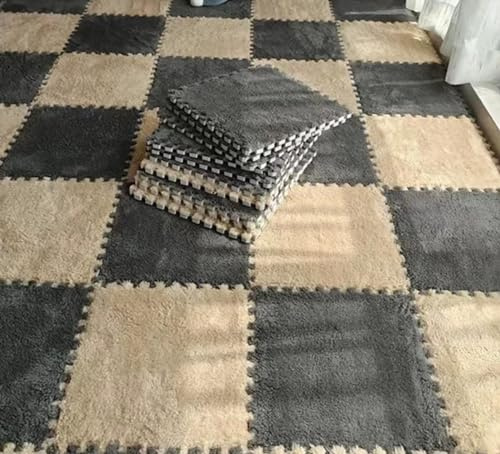 RIZGHWOY Plüsch Schaumbodenmatte, Ineinandergreifende Puzzle Spielmatte Nicht Schlauweiche Fleece Teppich für Baby Schlafzimmer Wohnzimmer (Graues Kamel)