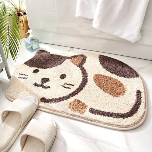 Dermalyx Beiger Katzen Badematte Badteppich rutschfest, Weiche Badezimmermatte Absorbierend, Niedlicher Badezimmerteppich Türvorleger Dusche, Badvorleger, 45 x 65 cm