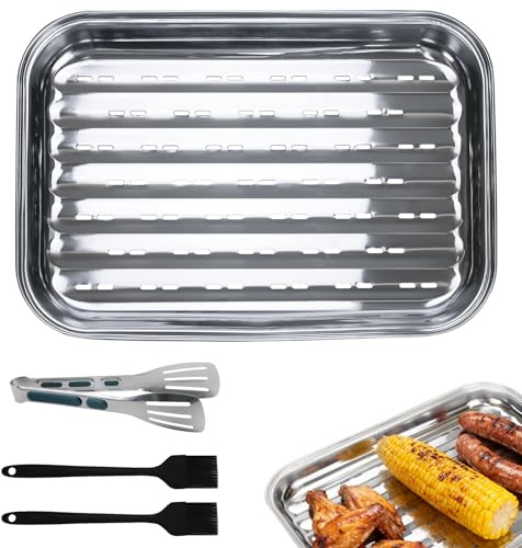 Piuluvor® BBQ Grillschalen aus Edelstahl 34,5 × 24,5 × 2,7 cm Grillschale Wiederverwendbar mit 1 Grillzange und 2 Bürste, für Gasgrill und Holzkohlegrill