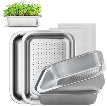 Juego de 2 Bandejas Semilleros de Germinacion,Kit de Contenedor de Germinación Saludable de Hierba de Trigo para Plantas de Interior,Cuenco de Cultivo 2 en 1, Acero Inoxidable, Apto para Lavavajillas