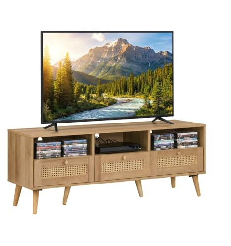 Swish Furniture Oak TV Unit with Hidden Storage and Drawers for 50 inch TV - Rattan Front Large TV Stand Cabinets for Living Room Sideboard with Open Shelves and Cable Management Television Stand