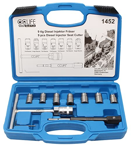 CCLIFE Kit de 10 pièces Fraises d'Étanchéité pour Injecteurs Diesel, Fraiseuse pour Moteurs CDI avec Poignée en T et Mandrin Hexagonal, Taille des Fraises 17 18 19 20 21 mm