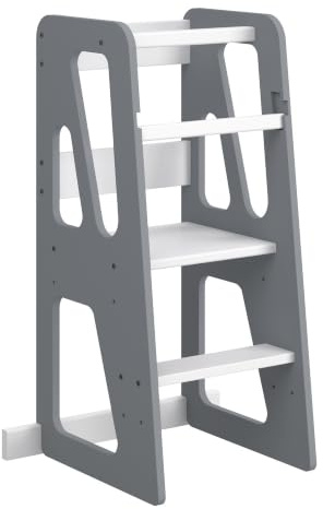 Lernturm ab 1 Jahr mit Anti-Kipp-Schutz – Höhenverstellbarer Montessori Learning Tower aus FSC-Massivholz – Bis zu 50kg belastbar – Für Kinder, für Küche, Tisch und Bad – MEBLE WRÓBEL®