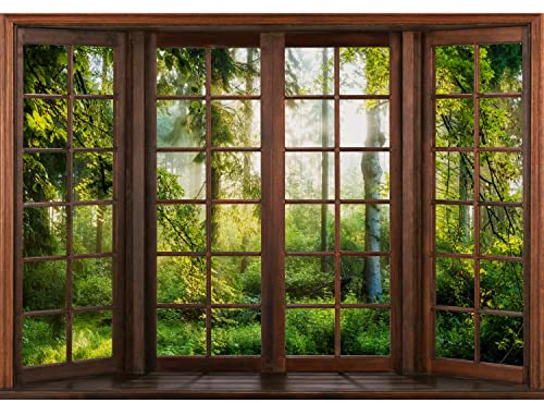 Runa Art Fototapete Fenster Wald 352 x 250 cm Vlies Tapeten XXL Moderne Wandtapete Wohnzimmer Schlafzimmer Grün Braun 9383011c