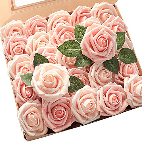 Floroom Künstliche Blumen, 50 Stück, echt aussehend, schimmernd, Rouge und Pfirsich, Schaumstoff, künstliche Rosen mit Stielen für DIY, Hochzeitssträuße, Babyparty, Partytische, Heimdekorationen