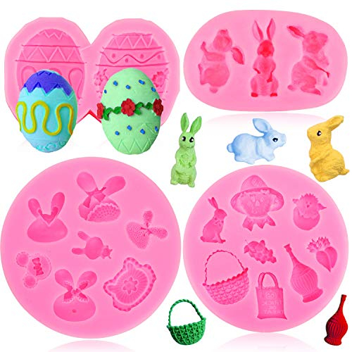 Pascua Moldes Silicona Bricolaje para Reposteria Fondant Caramelos Tartas Helados Bizcochos Jabones Magdalenas Macarons, Pascua 3D Forma Molde, Huevo Conejito Polluelo Cesta Zanahoria Espantapájaros