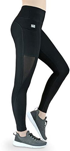 Formbelt Lange Damen Leggings Mesh Netz Einsatz mit Taschen - Damen lauftights Blickdicht Fitness Netzstoff hoher Bund Tummy Control für Smartphone Handy schwarz XL