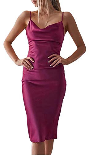 HAHAEMMA Ropa informal para mujer, sin mangas, tirantes delgados, vestido de raso para cóctel, playa, fiesta de noche, cuello de vaquero, punto de leopardo, vestidos midi, Fucsia ranurada, L