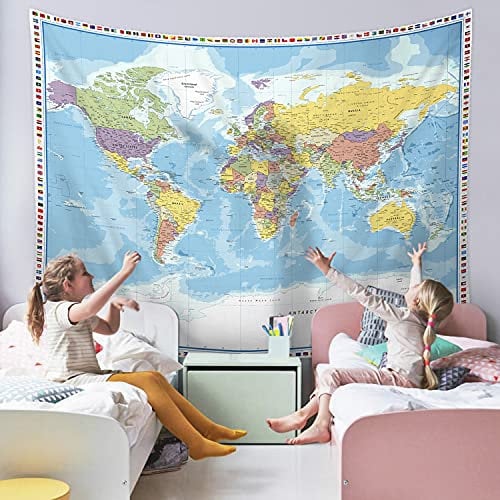 Großer Wandteppich mit Weltkarte, Wandbehang, Weltkarte für Kinder, pädagogischer Wandteppich mit Länderflaggen, Weltkarte für Klassenzimmer, Dekoration, Kinderzimmer, Zuhause, Reisen, Geographie,