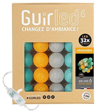 GuirLED - LED - Lichterkette mit Kugeln aus Baumwolle mit USB – Nachtlicht für Babys 2 Stunden – Netzadapter mit 2 A USB 2 A im Lieferumfang enthalten – 3 Intensitäten – 32 Kugeln 3.2 m – Halbkugel