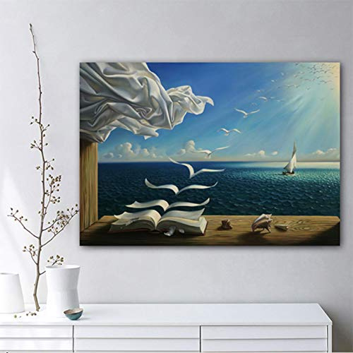 Jianghu Art Salvador Dali Ölgemälde Die Wellen Buch Segelboot Wand Poster und Drucke Wandkunst Bilder Dekoration Gemälde Auf Leinwand 80x140cm (32x55in) Mit Rahmen