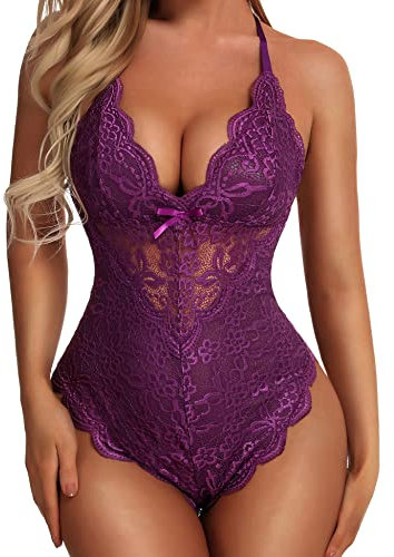 Aranmei Sexy Snap cavallo Body per le donne cattivo un pezzo pizzo Babydoll Lingerie Teddy, Viola, XXL