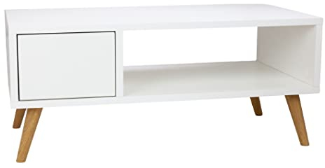 Kleiner Couchtisch Weiß - Minimalistisch Beistelltisch Holz - Betttisch- Nachttisch schmal auf Holzbeinen - Nachtkästchen mit Schublade (Weiß)
